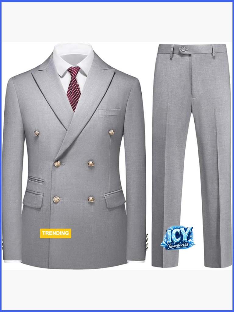 Double Breasted Tuxedo Set With Peak Lapels, Polyester Blend